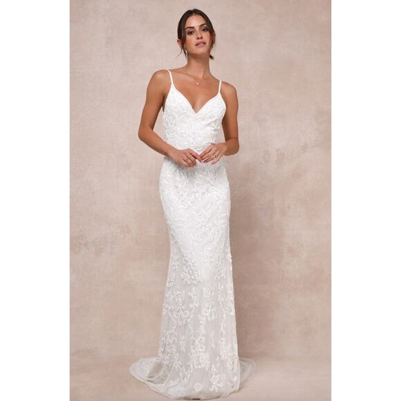 Lulus Everlasting Passion White Sequin Beaded Backless Maxi Dress Wedding S NWT - Picture 1 of 15